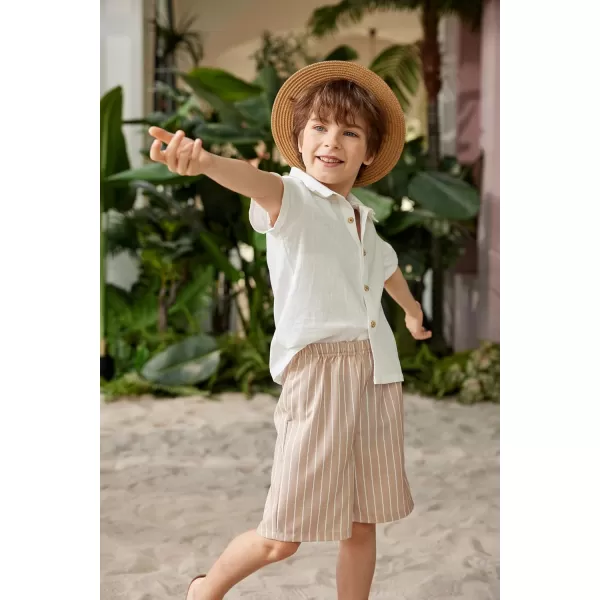 Arshiner Boys Cotton Linen Shorts Sets Button Down Short Sleeve Shirt and Shorts with Bucket Hat Summer Beach Hawaiian Outfits Size 6~16