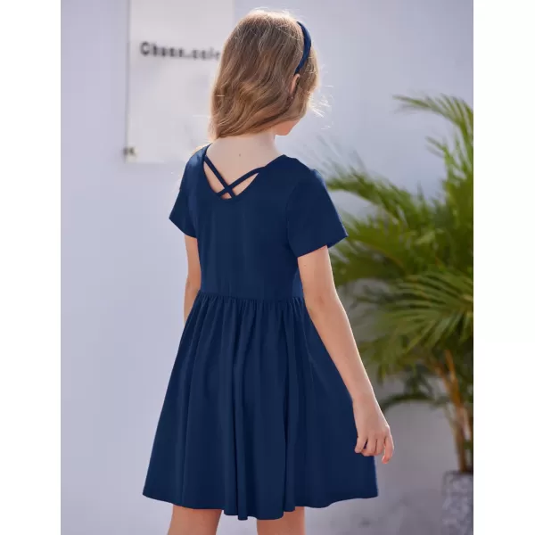 Arshiner Girls Dress Short Sleeve Solid Summer A-line Swing Twirly Skater Casual Dresses for Kids 4-14 Years