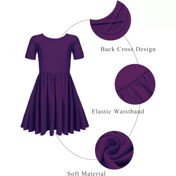 Arshiner Girls Dress Short Sleeve Solid Summer A-line Swing Twirly Skater Casual Dresses for Kids 4-14 Years
