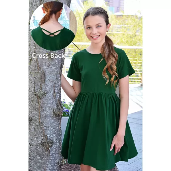 Arshiner Girls Dress Short Sleeve Solid Summer A-line Swing Twirly Skater Casual Dresses for Kids 4-14 Years