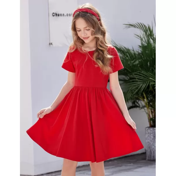 Arshiner Girls Dress Short Sleeve Solid Summer A-line Swing Twirly Skater Casual Dresses for Kids 4-14 Years
