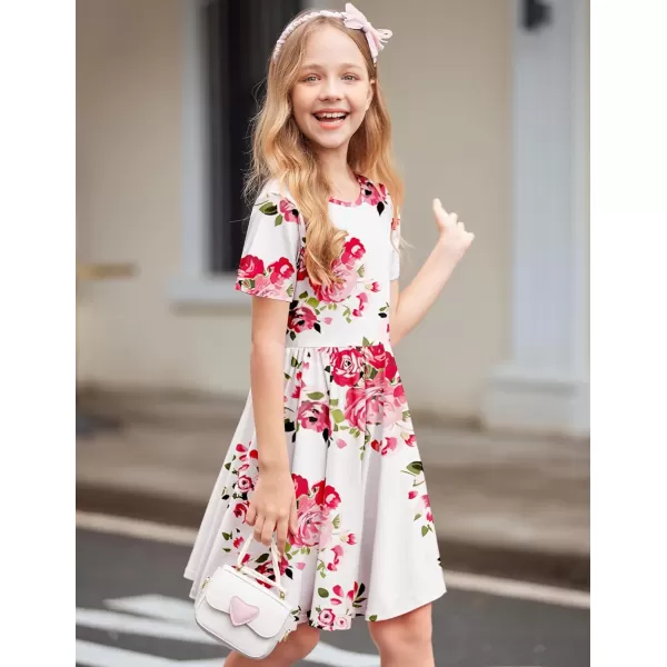 Arshiner Girls Dress Short Sleeve Solid Summer A-line Swing Twirly Skater Casual Dresses for Kids 4-14 Years