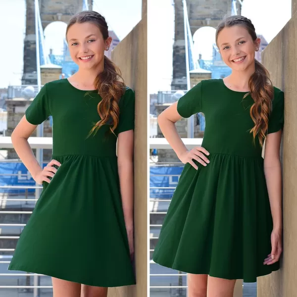 Arshiner Girls Dress Short Sleeve Solid Summer A-line Swing Twirly Skater Casual Dresses for Kids 4-14 Years