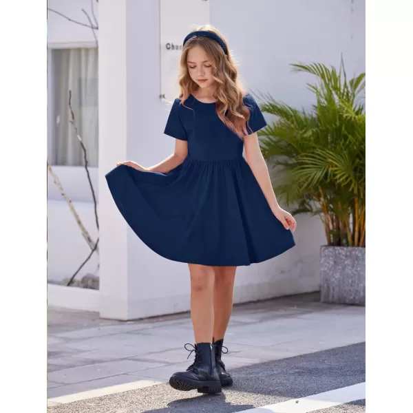 Arshiner Girls Dress Short Sleeve Solid Summer A-line Swing Twirly Skater Casual Dresses for Kids 4-14 Years