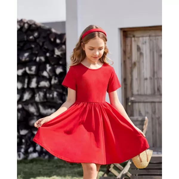 Arshiner Girls Dress Short Sleeve Solid Summer A-line Swing Twirly Skater Casual Dresses for Kids 4-14 Years