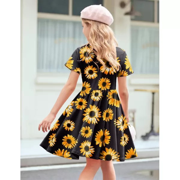 Arshiner Girls Dress Short Sleeve Solid Summer A-line Swing Twirly Skater Casual Dresses for Kids 4-14 Years