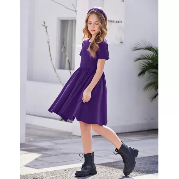 Arshiner Girls Dress Short Sleeve Solid Summer A-line Swing Twirly Skater Casual Dresses for Kids 4-14 Years