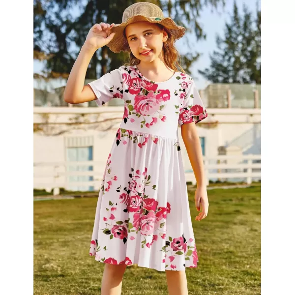 Arshiner Girls Dress Short Sleeve Solid Summer A-line Swing Twirly Skater Casual Dresses for Kids 4-14 Years