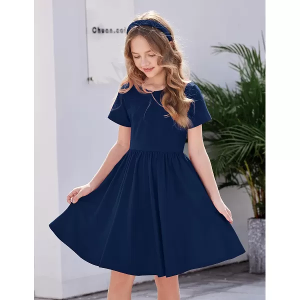 Arshiner Girls Dress Short Sleeve Solid Summer A-line Swing Twirly Skater Casual Dresses for Kids 4-14 Years