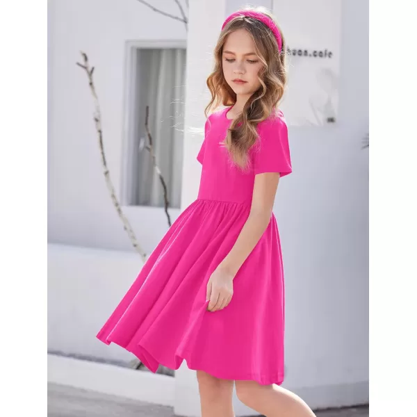Arshiner Girls Dress Short Sleeve Solid Summer A-line Swing Twirly Skater Casual Dresses for Kids 4-14 Years