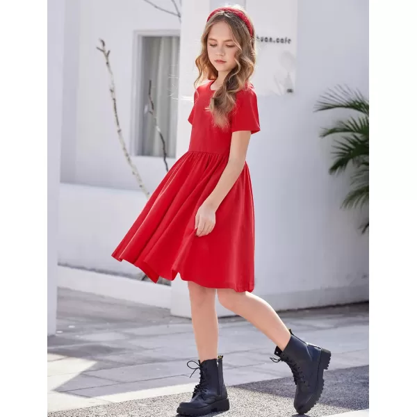 Arshiner Girls Dress Short Sleeve Solid Summer A-line Swing Twirly Skater Casual Dresses for Kids 4-14 Years