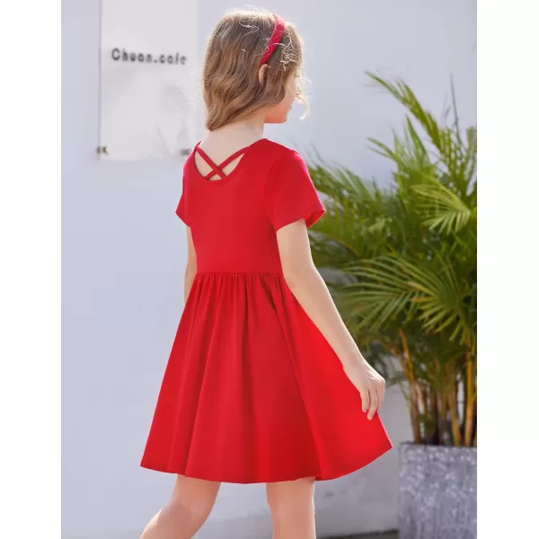 Arshiner Girls Dress Short Sleeve Solid Summer A-line Swing Twirly Skater Casual Dresses for Kids 4-14 Years
