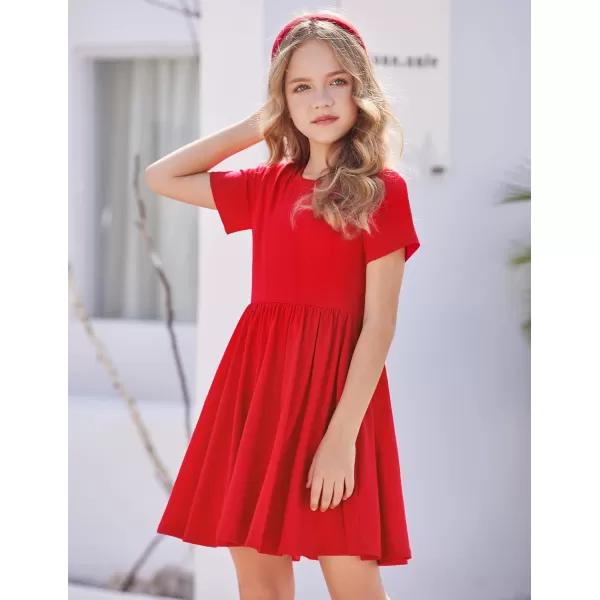 Arshiner Girls Dress Short Sleeve Solid Summer A-line Swing Twirly Skater Casual Dresses for Kids 4-14 Years