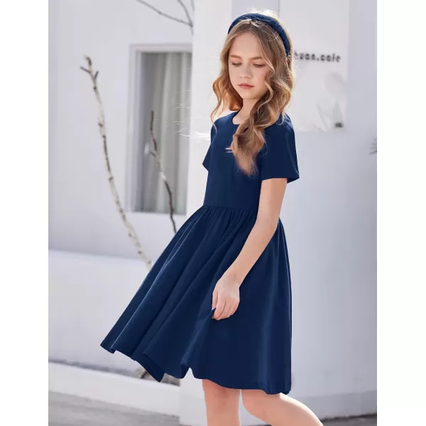 Arshiner Girls Dress Short Sleeve Solid Summer A-line Swing Twirly Skater Casual Dresses for Kids 4-14 Years