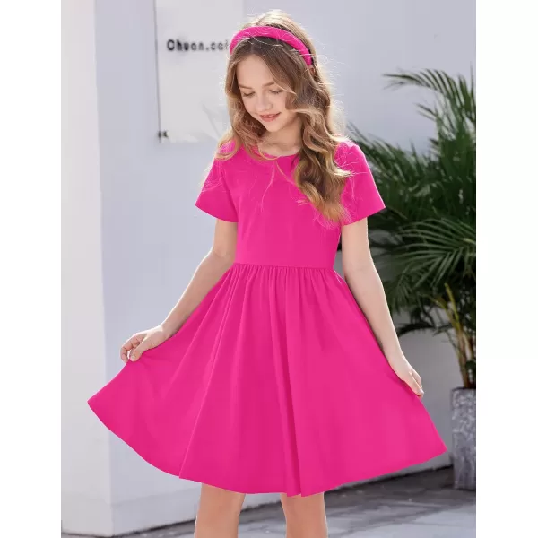 Arshiner Girls Dress Short Sleeve Solid Summer A-line Swing Twirly Skater Casual Dresses for Kids 4-14 Years