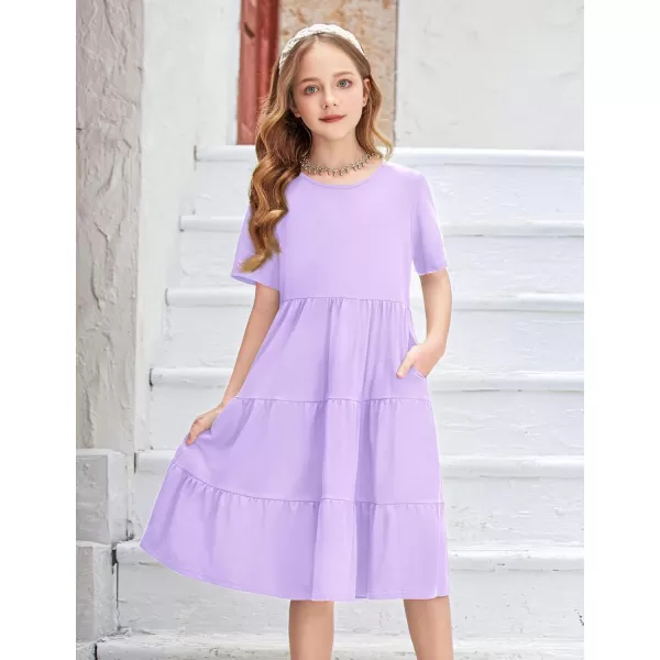 Arshiner Girls Dress Summer Short Sleeve Tiered Ruffle Casual Swing Midi A-Line Dress with Pockets