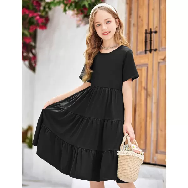 Arshiner Girls Dress Summer Short Sleeve Tiered Ruffle Casual Swing Midi A-Line Dress with Pockets