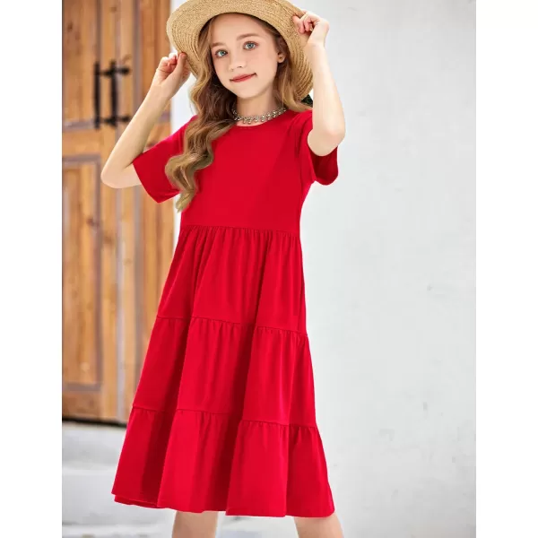 Arshiner Girls Dress Summer Short Sleeve Tiered Ruffle Casual Swing Midi A-Line Dress with Pockets