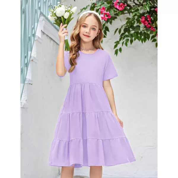 Arshiner Girls Dress Summer Short Sleeve Tiered Ruffle Casual Swing Midi A-Line Dress with Pockets