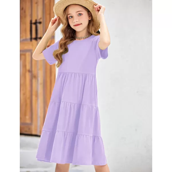 Arshiner Girls Dress Summer Short Sleeve Tiered Ruffle Casual Swing Midi A-Line Dress with Pockets