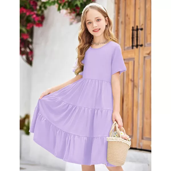 Arshiner Girls Dress Summer Short Sleeve Tiered Ruffle Casual Swing Midi A-Line Dress with Pockets