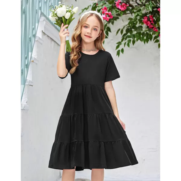 Arshiner Girls Dress Summer Short Sleeve Tiered Ruffle Casual Swing Midi A-Line Dress with Pockets