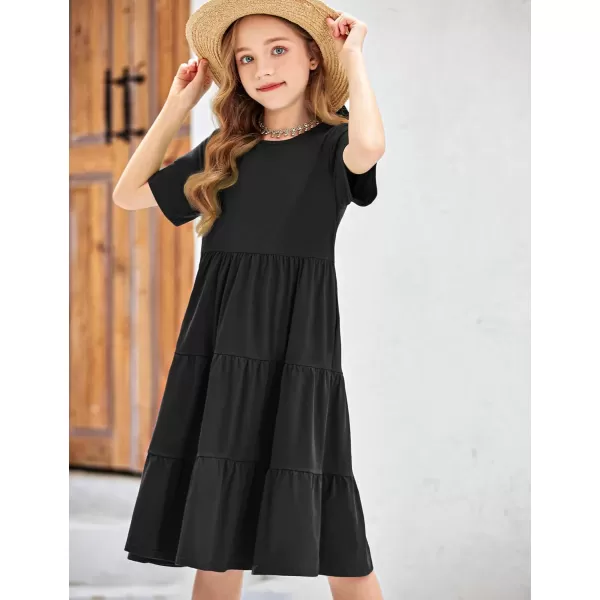 Arshiner Girls Dress Summer Short Sleeve Tiered Ruffle Casual Swing Midi A-Line Dress with Pockets