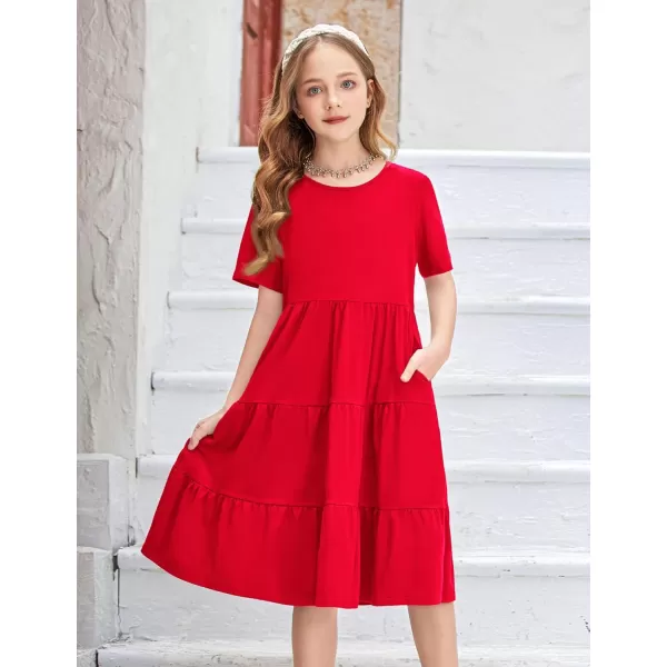 Arshiner Girls Dress Summer Short Sleeve Tiered Ruffle Casual Swing Midi A-Line Dress with Pockets