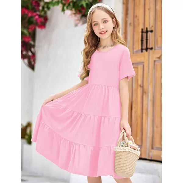 Arshiner Girls Dress Summer Short Sleeve Tiered Ruffle Casual Swing Midi A-Line Dress with Pockets