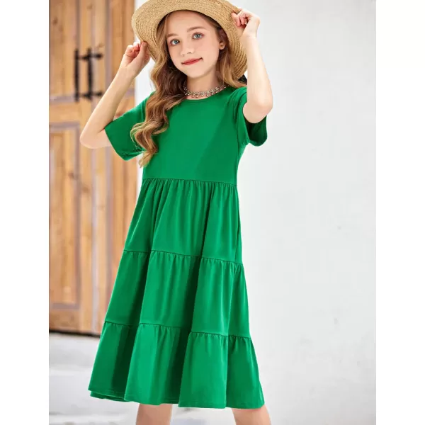 Arshiner Girls Dress Summer Short Sleeve Tiered Ruffle Casual Swing Midi A-Line Dress with Pockets