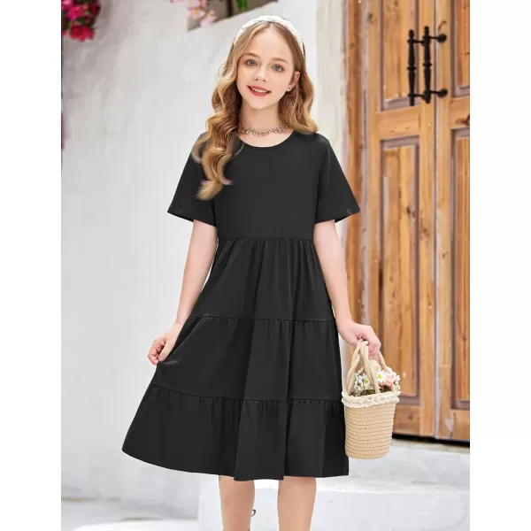 Arshiner Girls Dress Summer Short Sleeve Tiered Ruffle Casual Swing Midi A-Line Dress with Pockets