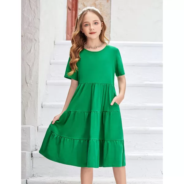 Arshiner Girls Dress Summer Short Sleeve Tiered Ruffle Casual Swing Midi A-Line Dress with Pockets