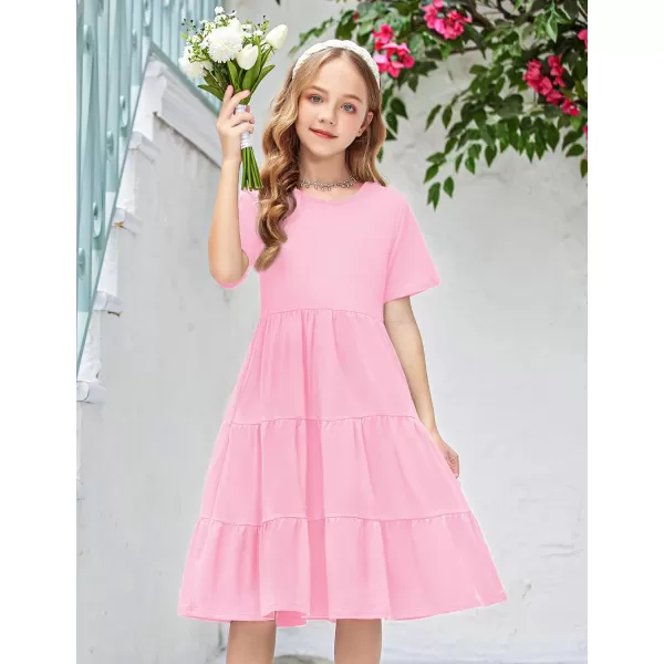 Arshiner Girls Dress Summer Short Sleeve Tiered Ruffle Casual Swing Midi A-Line Dress with Pockets