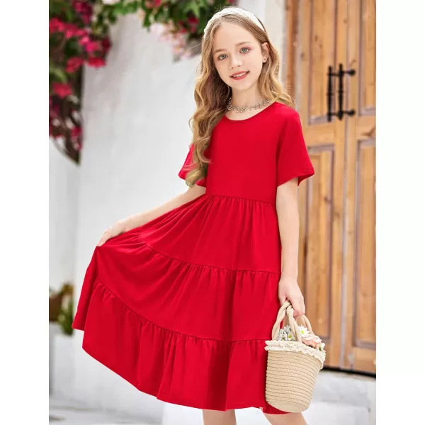Arshiner Girls Dress Summer Short Sleeve Tiered Ruffle Casual Swing Midi A-Line Dress with Pockets