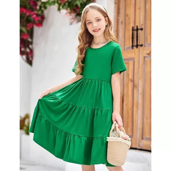 Arshiner Girls Dress Summer Short Sleeve Tiered Ruffle Casual Swing Midi A-Line Dress with Pockets