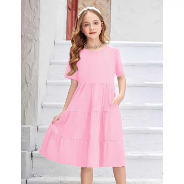 Arshiner Girls Dress Summer Short Sleeve Tiered Ruffle Casual Swing Midi A-Line Dress with Pockets