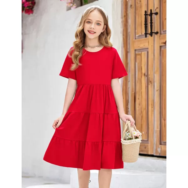 Arshiner Girls Dress Summer Short Sleeve Tiered Ruffle Casual Swing Midi A-Line Dress with Pockets