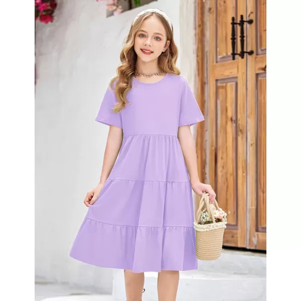 Arshiner Girls Dress Summer Short Sleeve Tiered Ruffle Casual Swing Midi A-Line Dress with Pockets