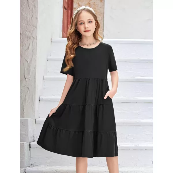 Arshiner Girls Dress Summer Short Sleeve Tiered Ruffle Casual Swing Midi A-Line Dress with Pockets