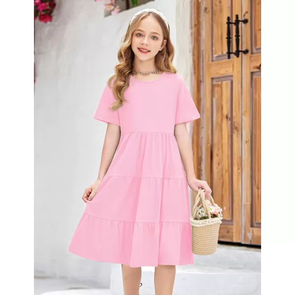 Arshiner Girls Dress Summer Short Sleeve Tiered Ruffle Casual Swing Midi A-Line Dress with Pockets