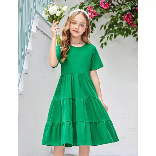 Arshiner Girls Dress Summer Short Sleeve Tiered Ruffle Casual Swing Midi A-Line Dress with Pockets