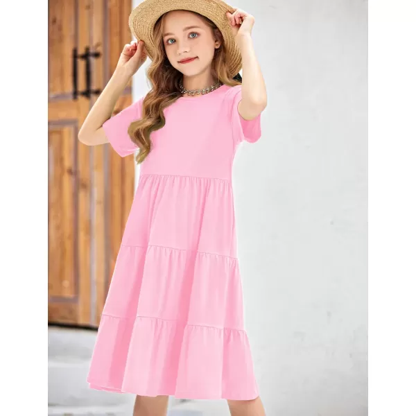 Arshiner Girls Dress Summer Short Sleeve Tiered Ruffle Casual Swing Midi A-Line Dress with Pockets