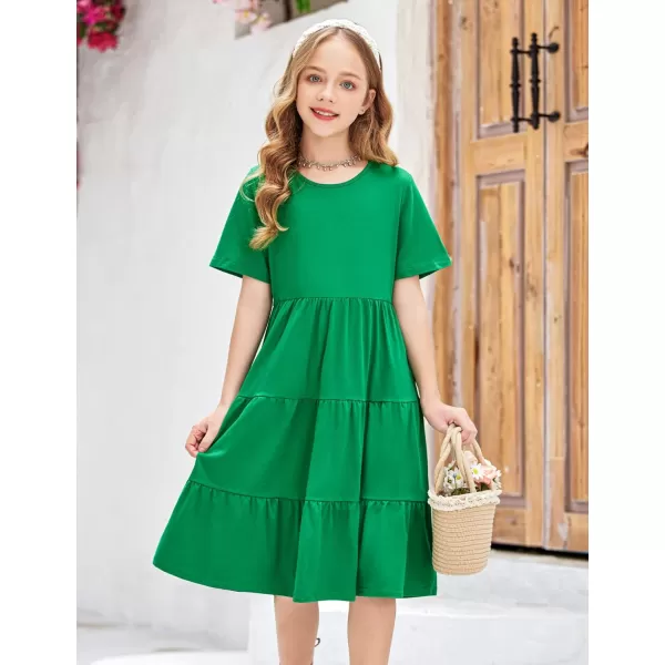 Arshiner Girls Dress Summer Short Sleeve Tiered Ruffle Casual Swing Midi A-Line Dress with Pockets