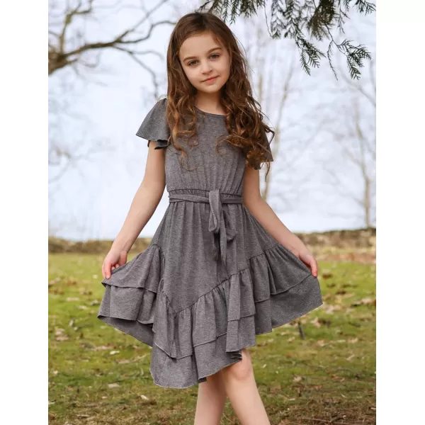 Arshiner Girls Dresses Loose Plain Casual Ruffle Swing Midi Dress with Belt for 5-14 Years