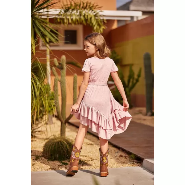 Arshiner Girls Dresses Loose Plain Casual Ruffle Swing Midi Dress with Belt for 5-14 Years