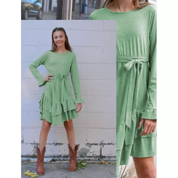 Arshiner Girls Dresses Loose Plain Casual Ruffle Swing Midi Dress with Belt for 5-14 Years