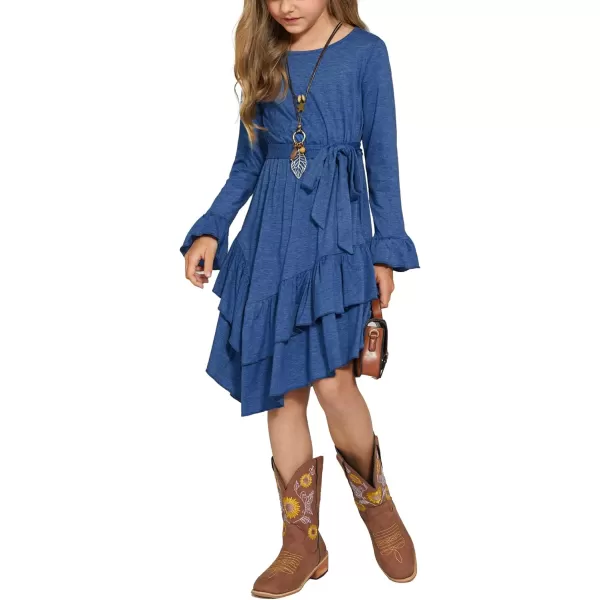 Arshiner Girls Dresses Loose Plain Casual Ruffle Swing Midi Dress with Belt for 5-14 Years