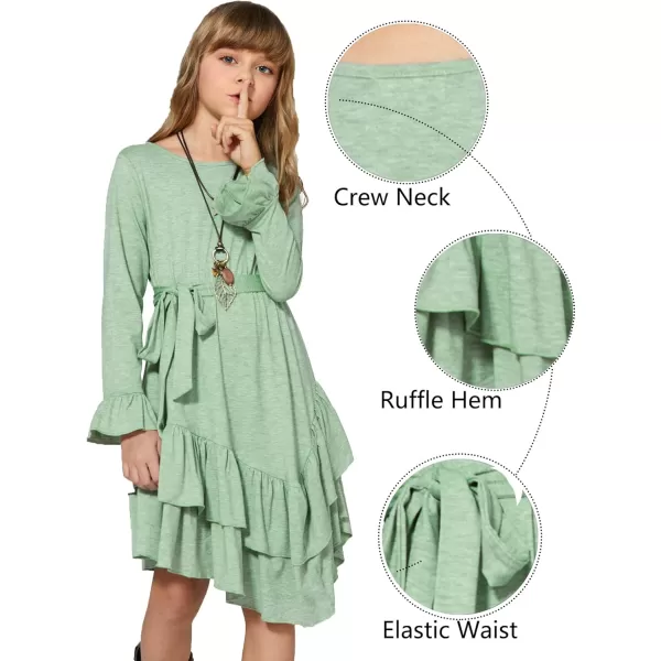 Arshiner Girls Dresses Loose Plain Casual Ruffle Swing Midi Dress with Belt for 5-14 Years