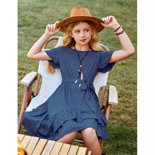 Arshiner Girls Dresses Loose Plain Casual Ruffle Swing Midi Dress with Belt for 5-14 Years