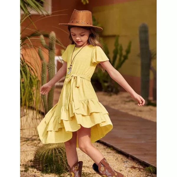 Arshiner Girls Dresses Loose Plain Casual Ruffle Swing Midi Dress with Belt for 5-14 Years